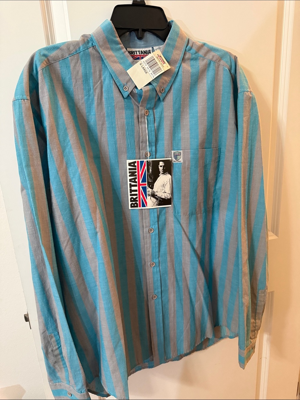 BRITTANIA Men’s Turquoise and Gray Stripe Dress Shirt NOS